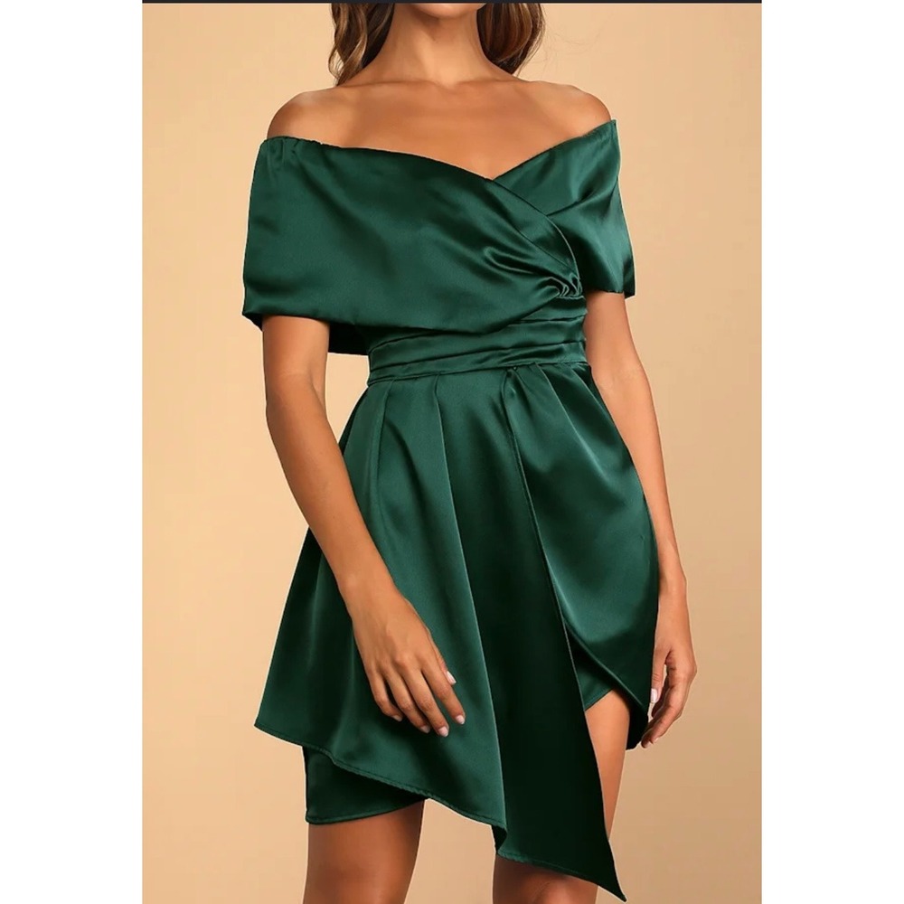 Lulus Dress Womens Medium Dark Green Off Shoulder Satin Cocktail Party Glam Mini